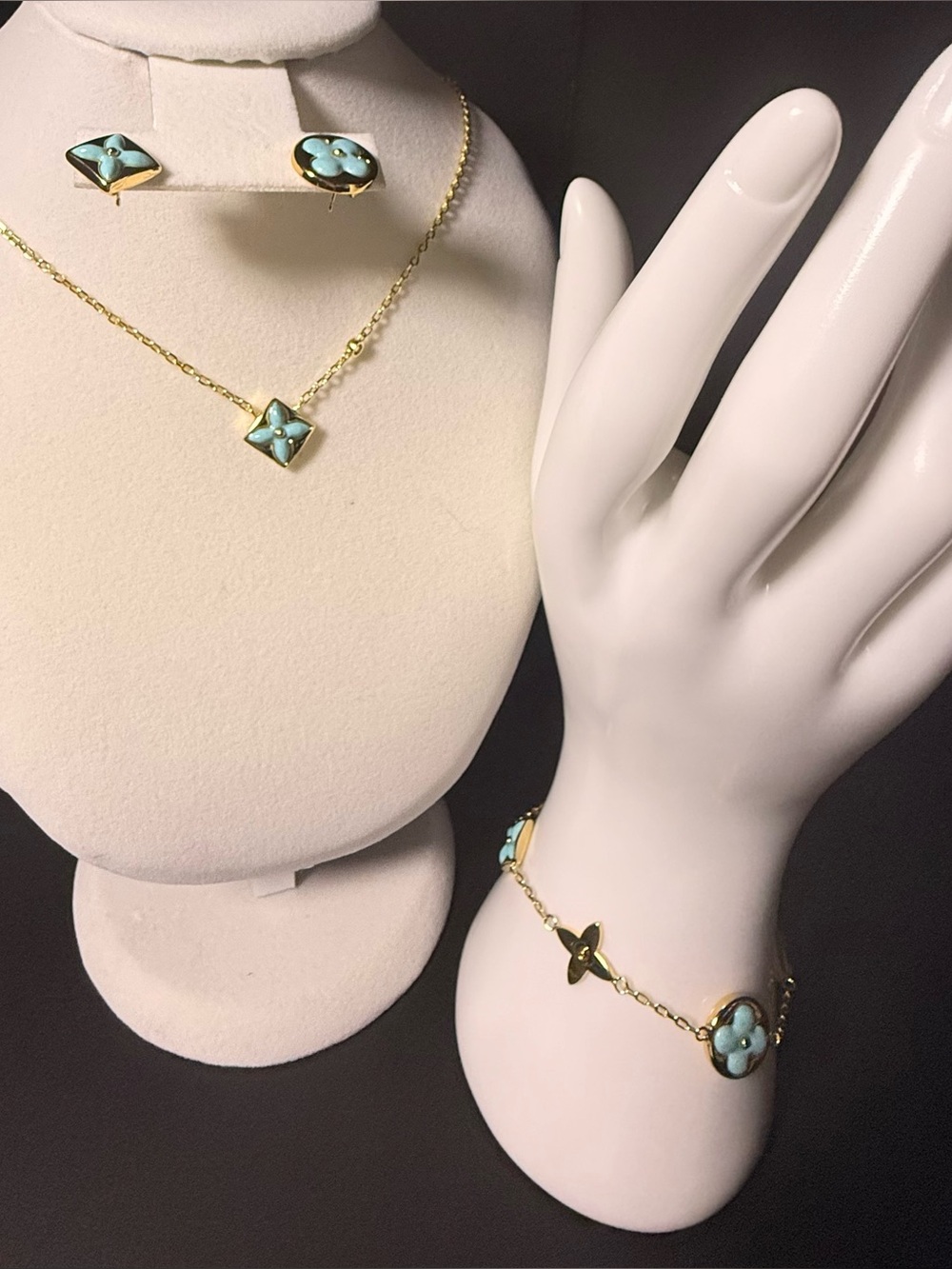 Gold-Tone Turquoise Flower Necklace, Bracelet & Earring Set